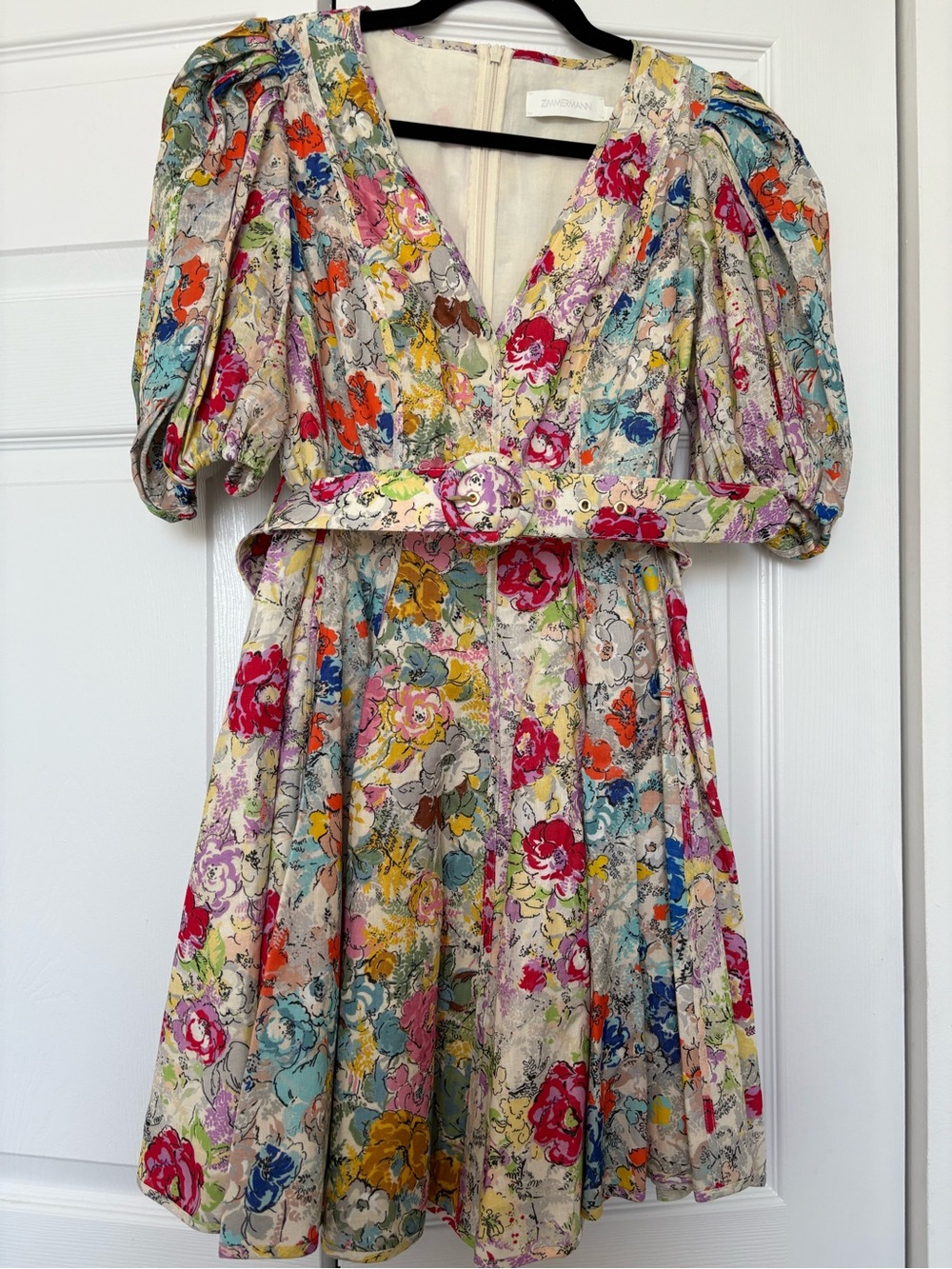 NWOT Zimmermann Multicolor Floral V-Neck Puff Sleeve Mini Dress AUS2-US8
